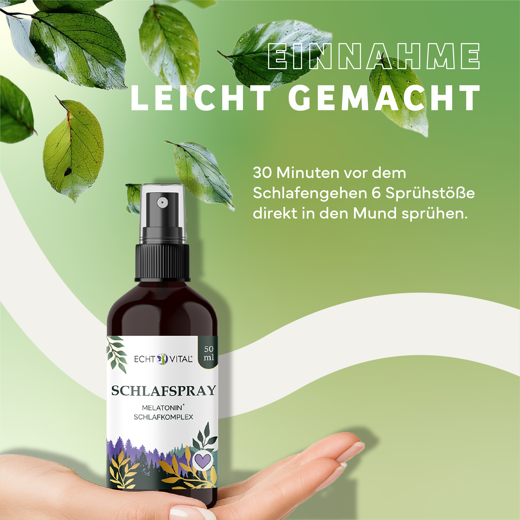 Kräuterig, Werbung, Plakat, Parfüm, Blatt, Schlafspray, Melatonin, Schlafkomplex, 50 ml, Sprayflasche