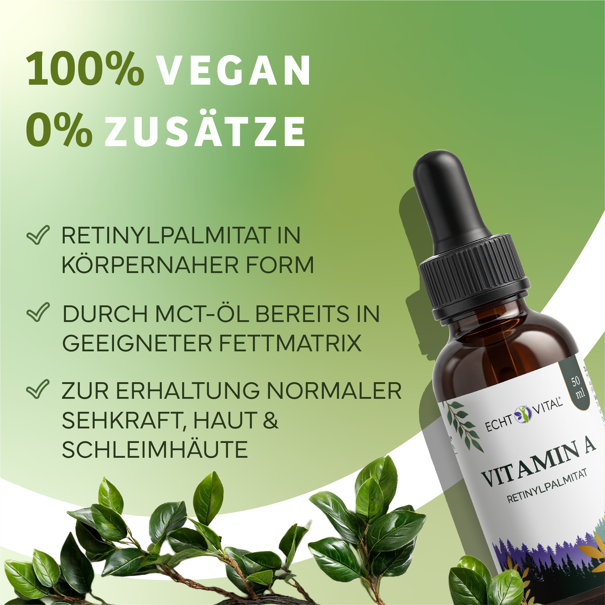 Vitamin A, Retinylpalmitat, Öltropfen, Grüner Farbverlauf, Kräuterblätter