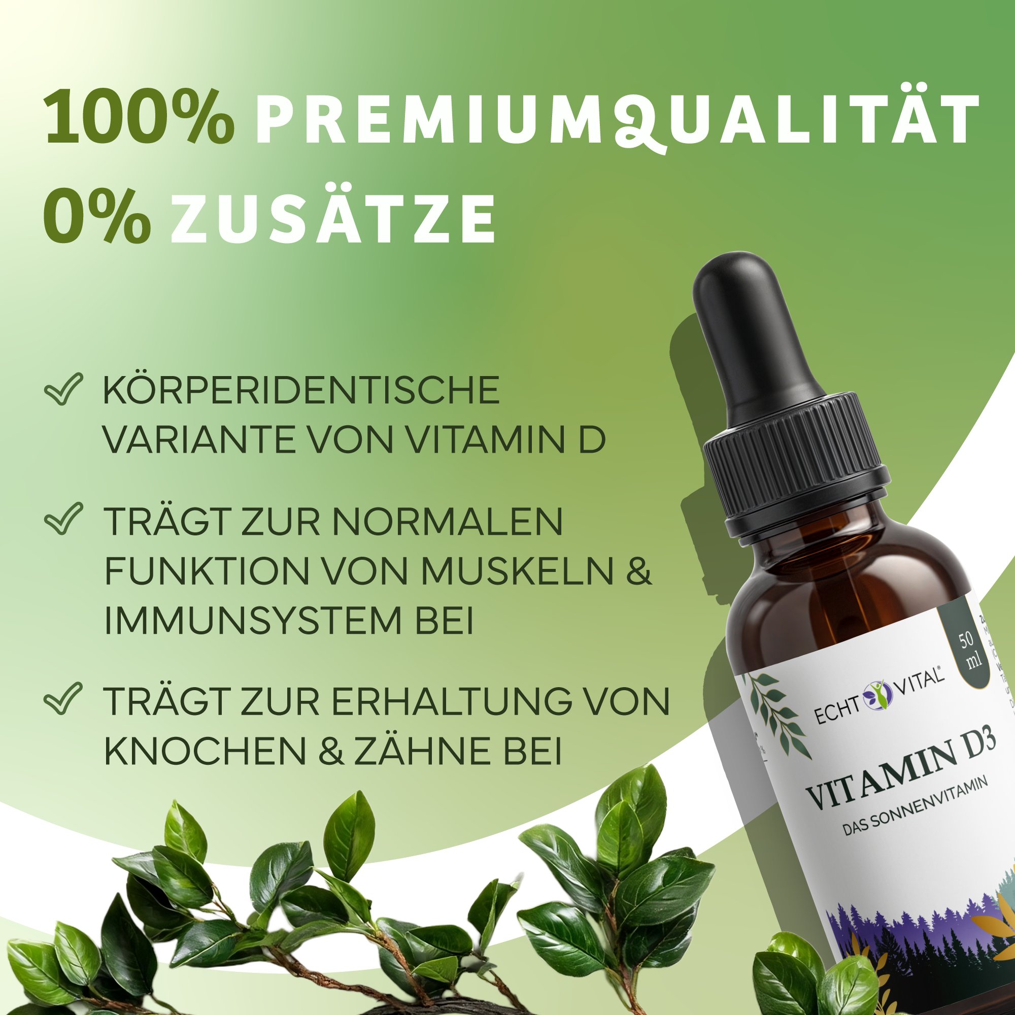 Vitamin D3, Vital Tropfen, Flasche, Ergänzungsprodukt, Vitamin D3 Tropfen, Vitamin D3, Tropfflasche?, braune Glasflasche, grüner Verlauf, Kräuterblätter